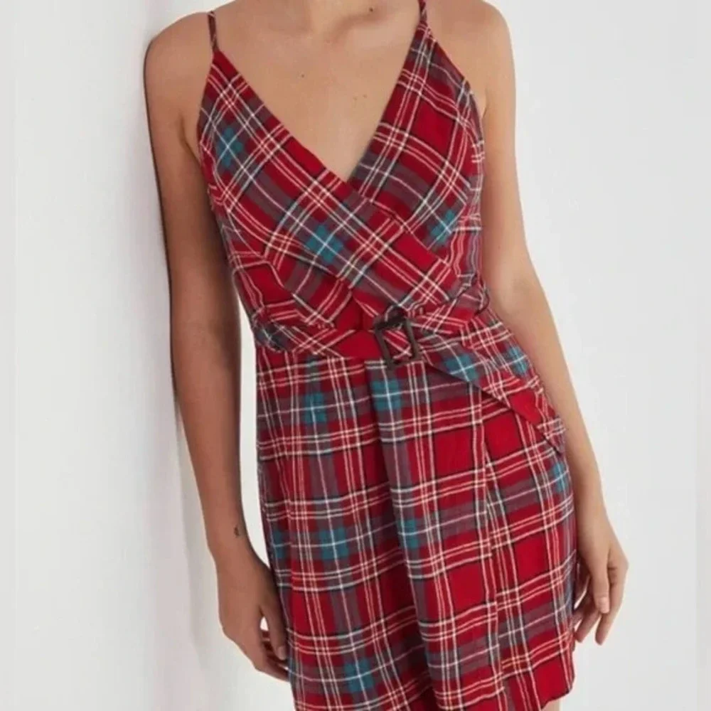 Urban Outfitters Dress Womens XS Red Plaid Sleeveless Mini Belted New - Picture 1 of 13